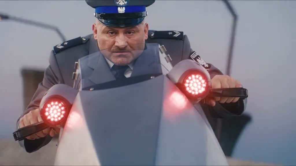Crazy Frog AI police officer pursuing on a white hover-bike with red lights