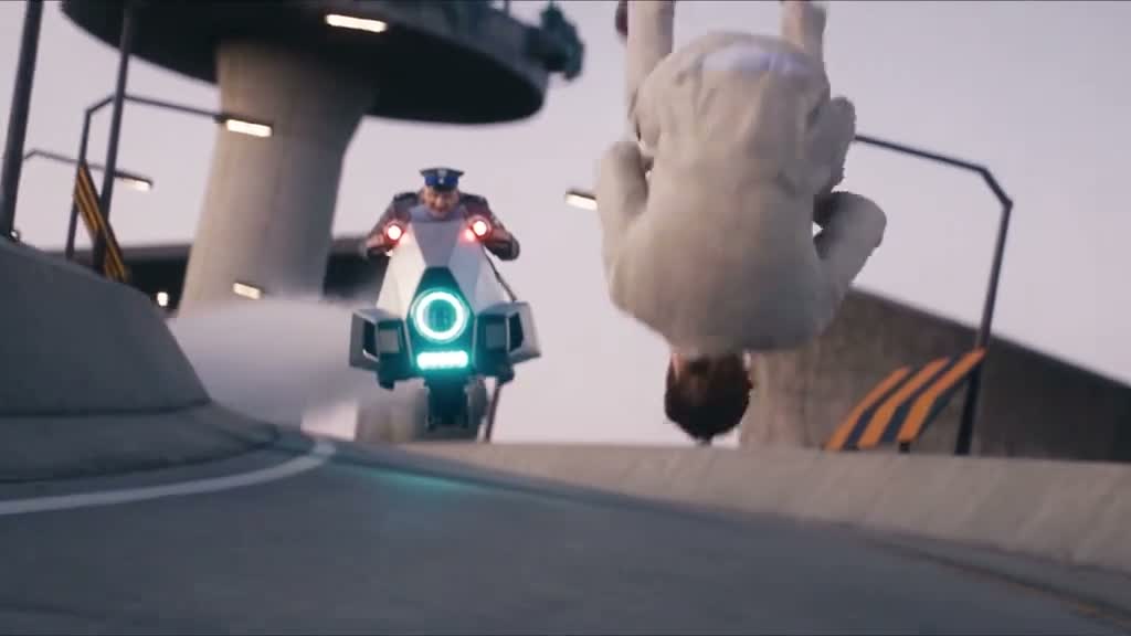 Crazy Frog AI rider turning upside down during the invisible-moped chase