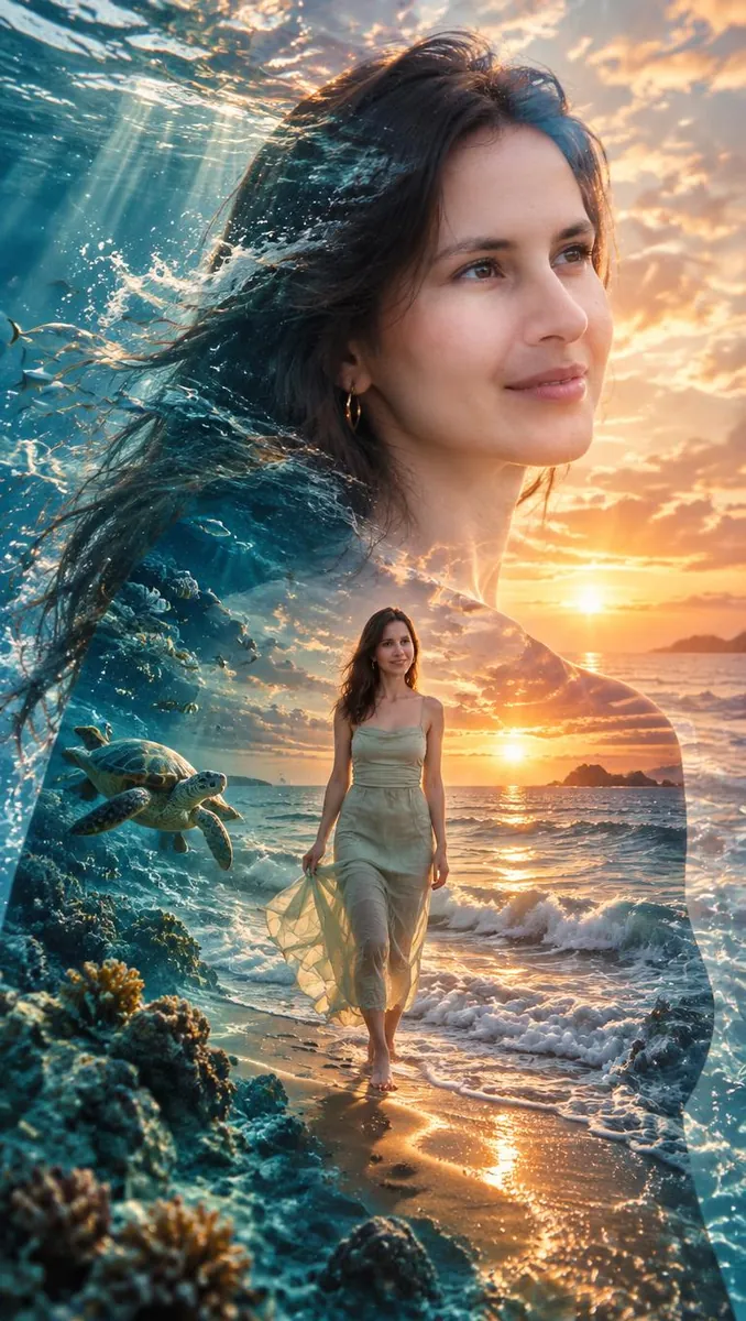 Ocean Double Exposure Portrait AI 照片结果，Faymas 风格