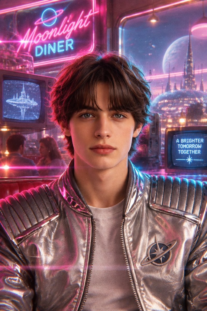 80s retro-futuristic portrait example: neon diner setting, chrome jacket, analog film grain