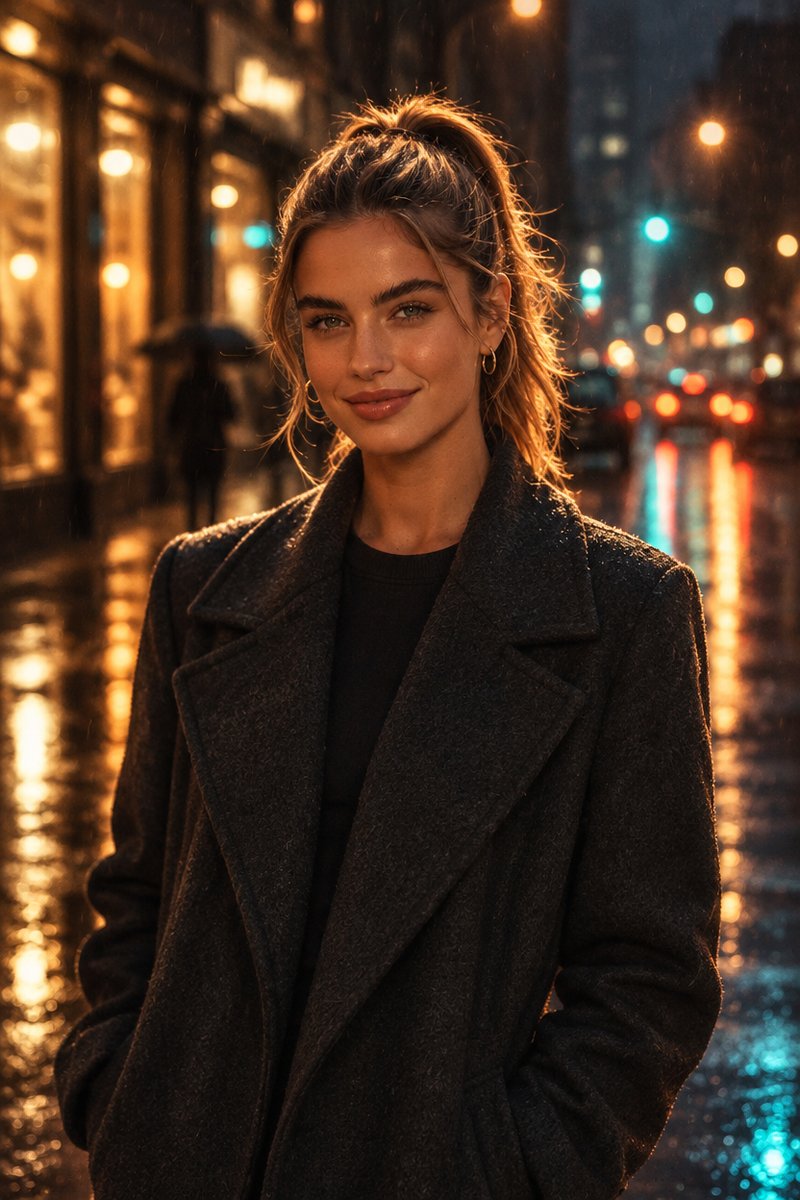 Prompt seen photo example: girl on a neon-lit rainy street at night