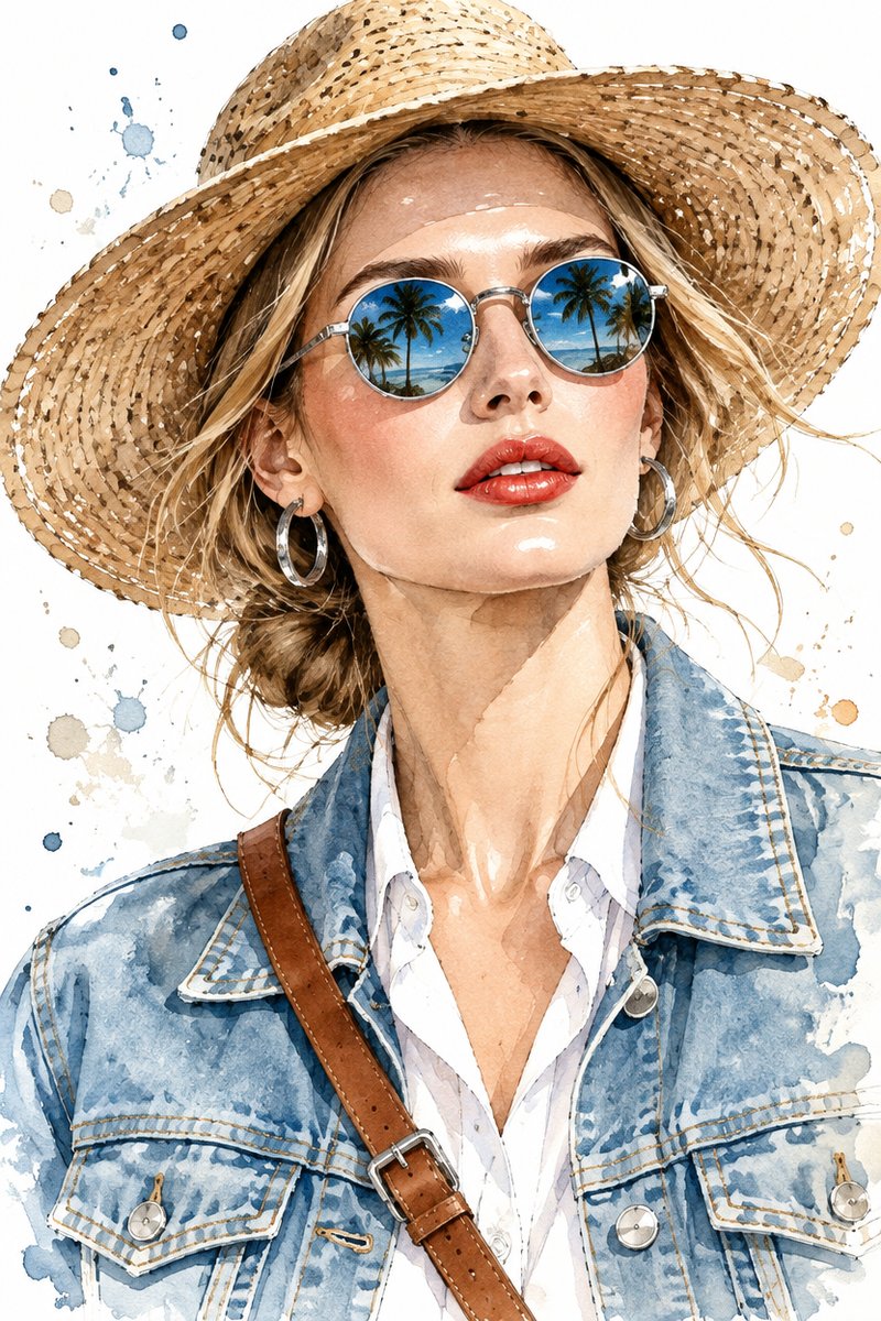 Watercolor fashion portrait example: watercolor and pen-and-ink illustration of the same woman in a straw hat and denim jacket with palm-tree reflections in her sunglasses