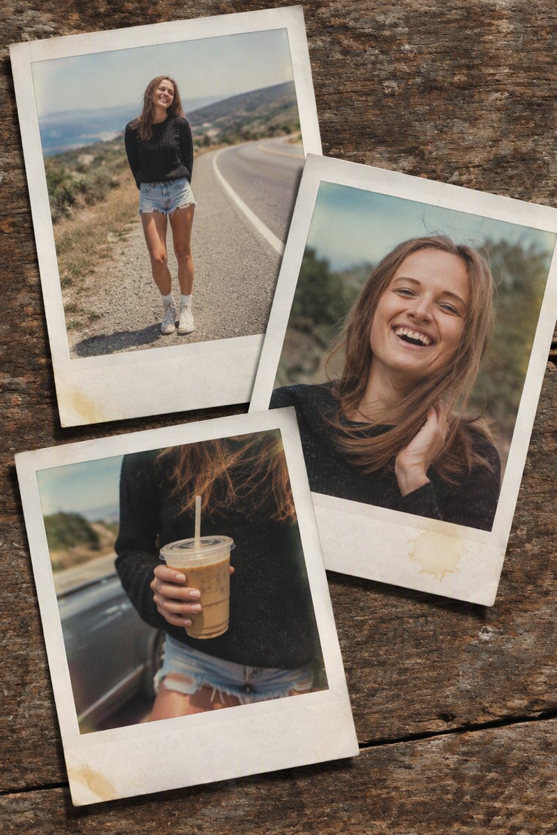 Vintage Polaroid stack example: fanned instant photos with white frames on a wooden table