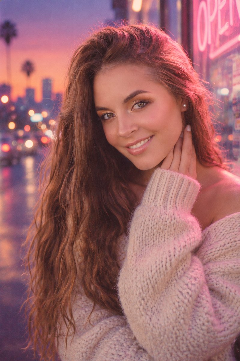 Lofi dusk portrait example: blue-hour sky, pink neon glow, creamy city bokeh, film grain