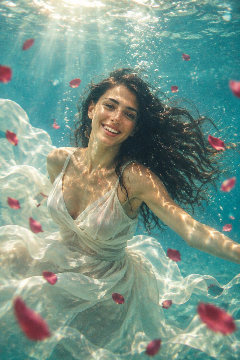 Underwater dream portrait example: floating subject, flowing fabric, caustic light patterns, faded tones