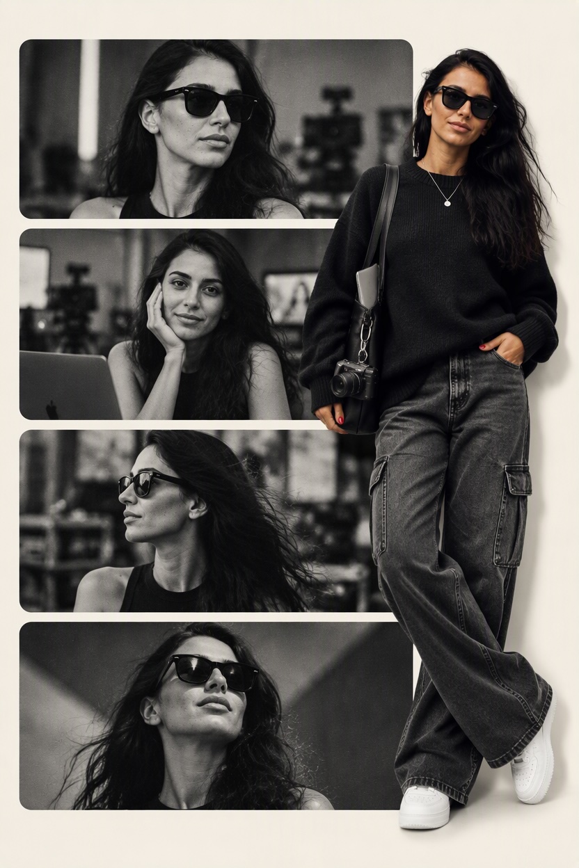 Editorial collage portrait example: four monochrome panels with one full-color full-body cutout of the same woman