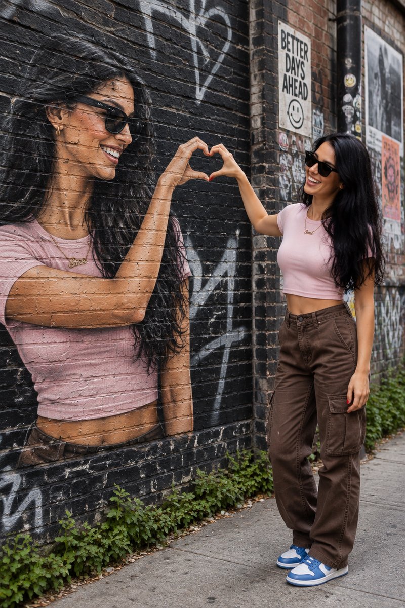 Mural twin heart illusion example: one real person and one painted twin on a brick wall joining half hearts into a full heart