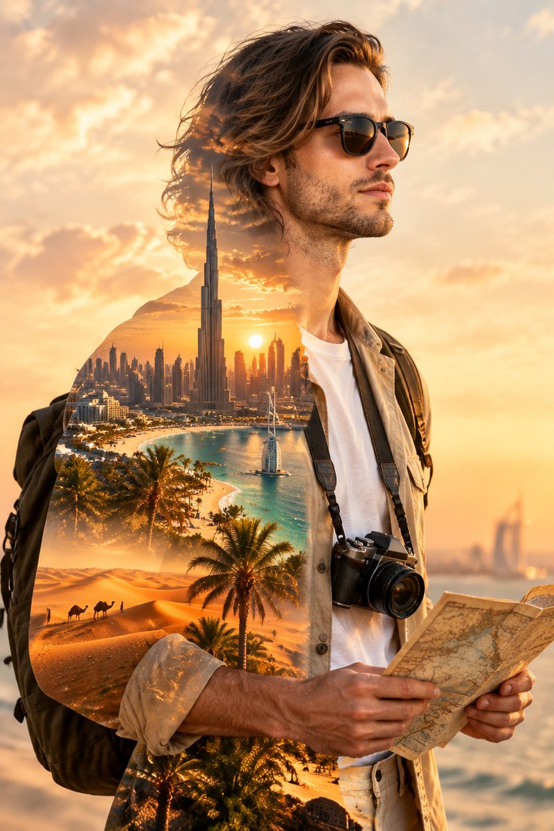 Dubai double exposure portrait example: side-profile silhouette blended with the Burj Khalifa skyline, turquoise coastline and desert dunes