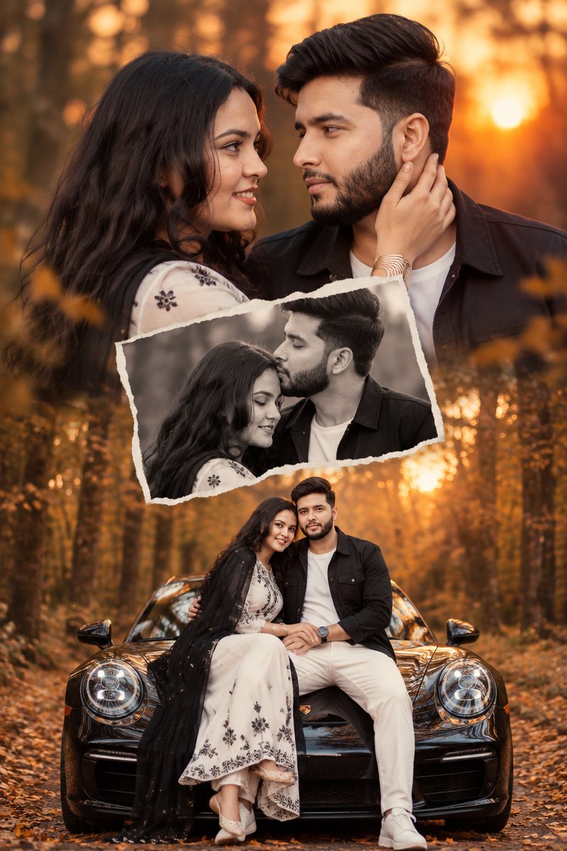 Romantic couple collage example: sunset close-up, black-and-white forehead-kiss photo, and full-body scene on a black sports car