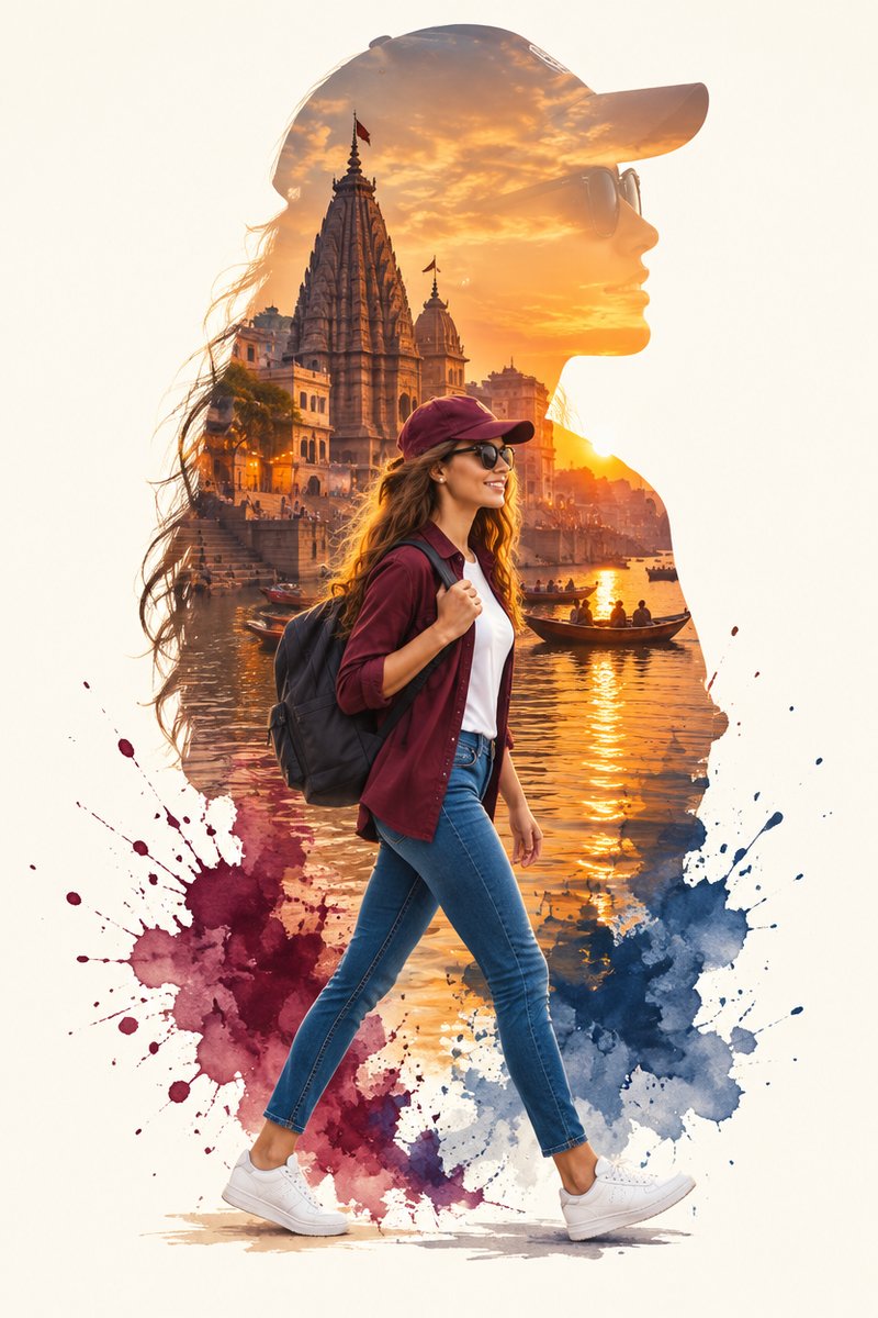 Travel silhouette poster example: full-body walking traveler in front of a cap-shaped silhouette filled with a golden-sunset riverside temple scene