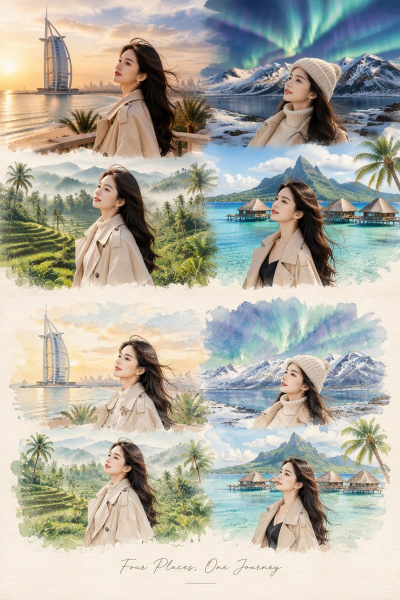 Four-destination travel journal example: Dubai, Iceland, Bali and tropical island scenes as photographs transitioning into watercolor illustrations