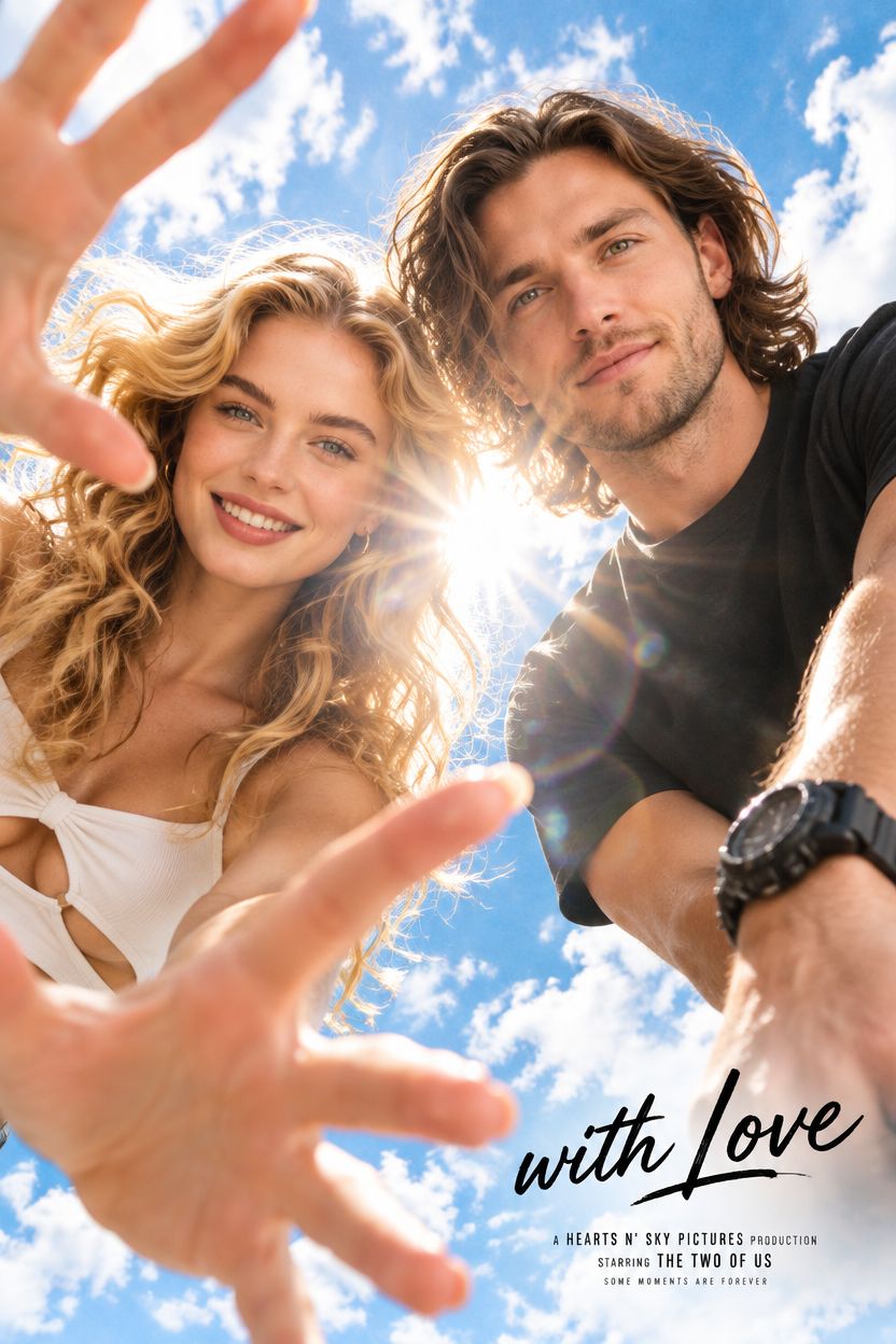 Worm's-eye movie poster couple example: extreme low-angle shot of a smiling couple with a sun lens flare between them and cursive 'with Love' text