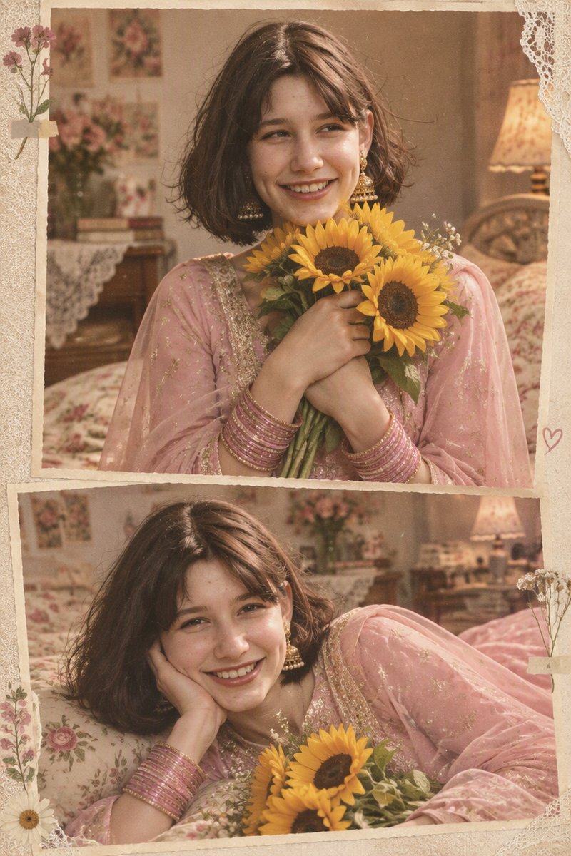 Soft vintage sunflower collage example: two-frame portrait in a pink embroidered salwar suit holding sunflowers, warm 90s flash-lit grain
