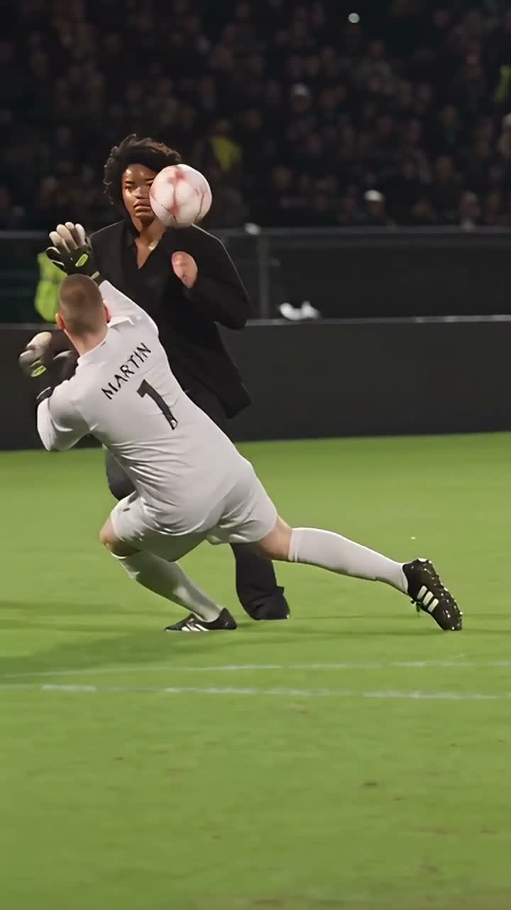 Ozil Goal AI 黑西装主角把球挑过门将的画面