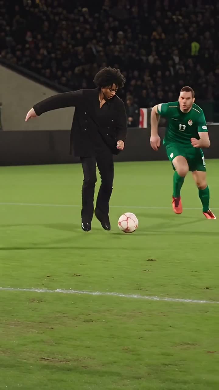 Ozil Goal AI 主角避开两位绿衣后卫的画面