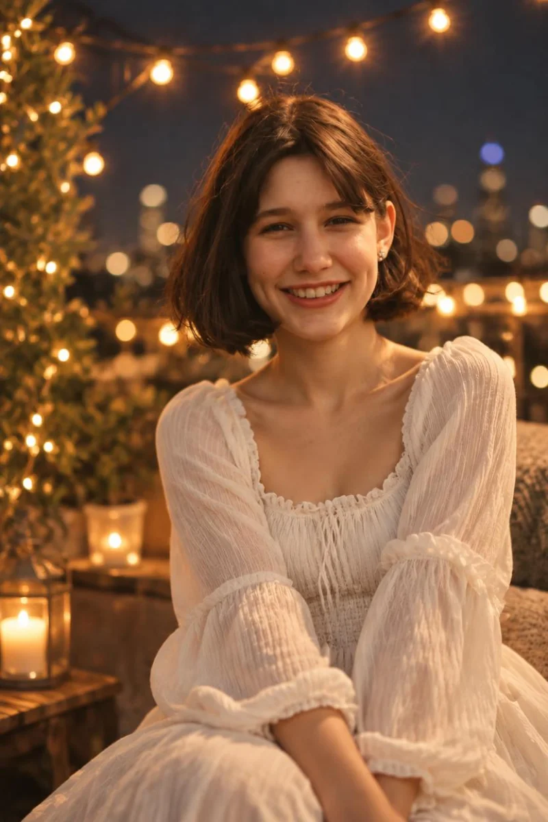 Prompt seen photo example: girl in a white dress under warm fairy lights at night
