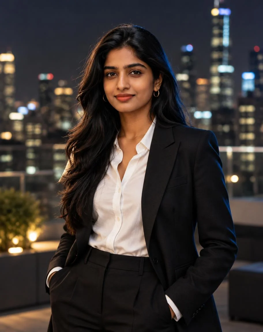 Prompt seen photo example: boy in a tailored black suit on a city rooftop at night