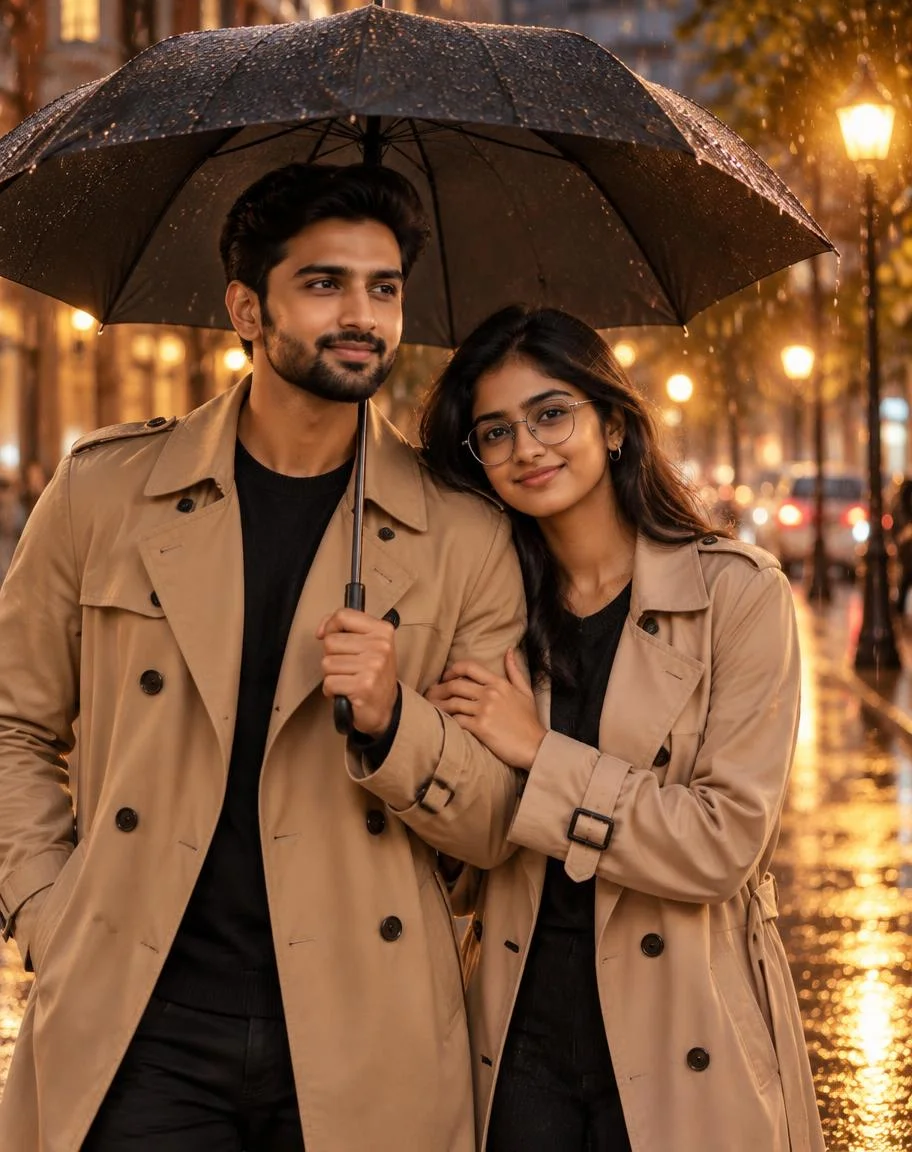 Prompt seen photo example: couple sharing an umbrella on a rainy evening street