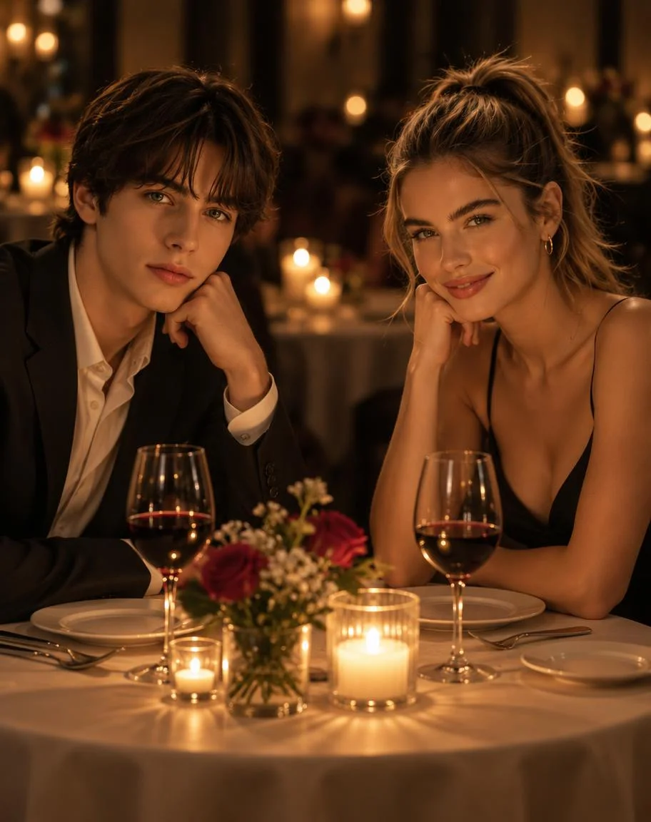 Prompt seen photo example: couple at a candlelit dinner table in a dim restaurant
