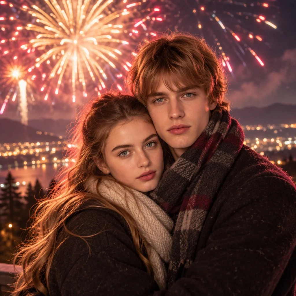 Prompt seen photo example: couple embracing under a fireworks bloom at night